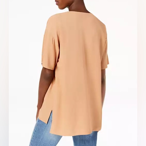 Eileen Fisher Deep V-Neck Tee Signature Silk Georgette Crepe in Amber NWT - Picture 16 of 16